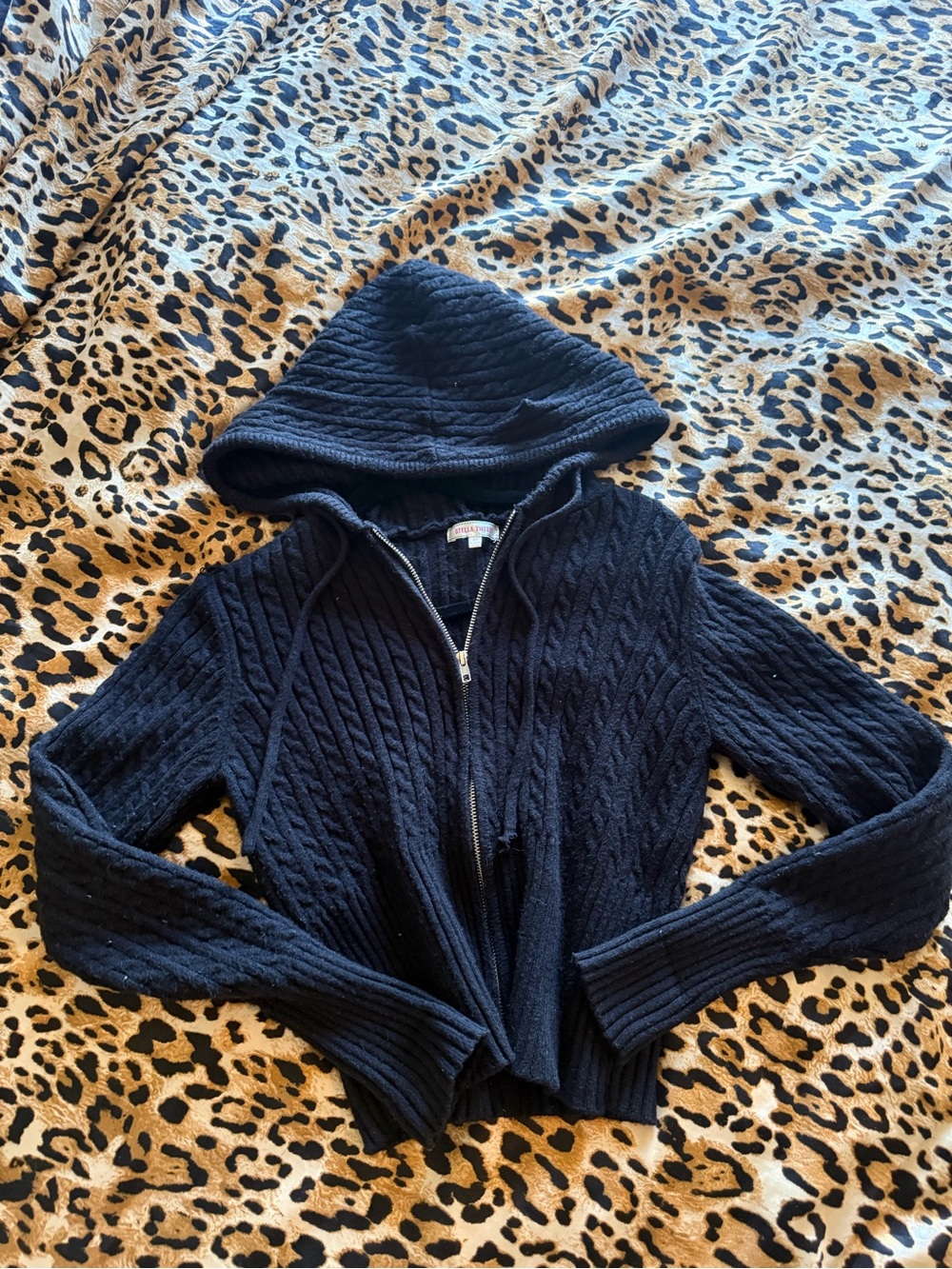 Stella Tweed Black Cable Knit Hooded Zip Cardigan